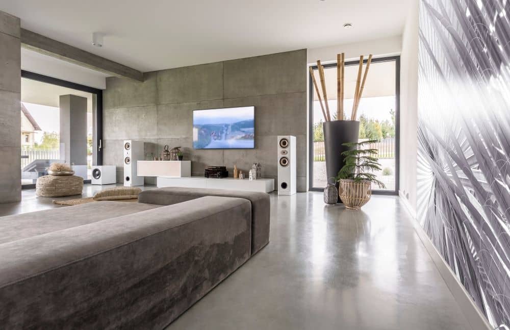 Modern home interior with concrete flooring.