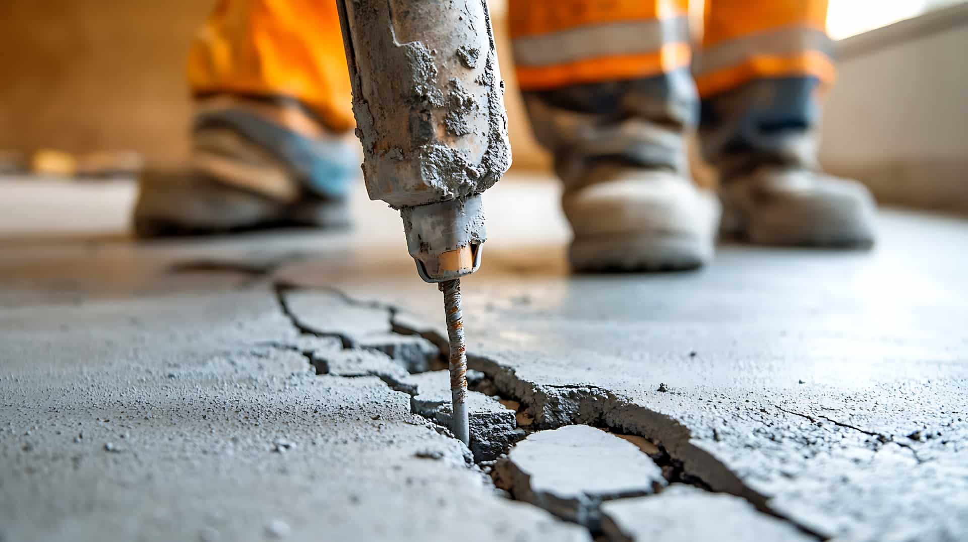 Workers showing how to fix exposed aggregate concrete crack