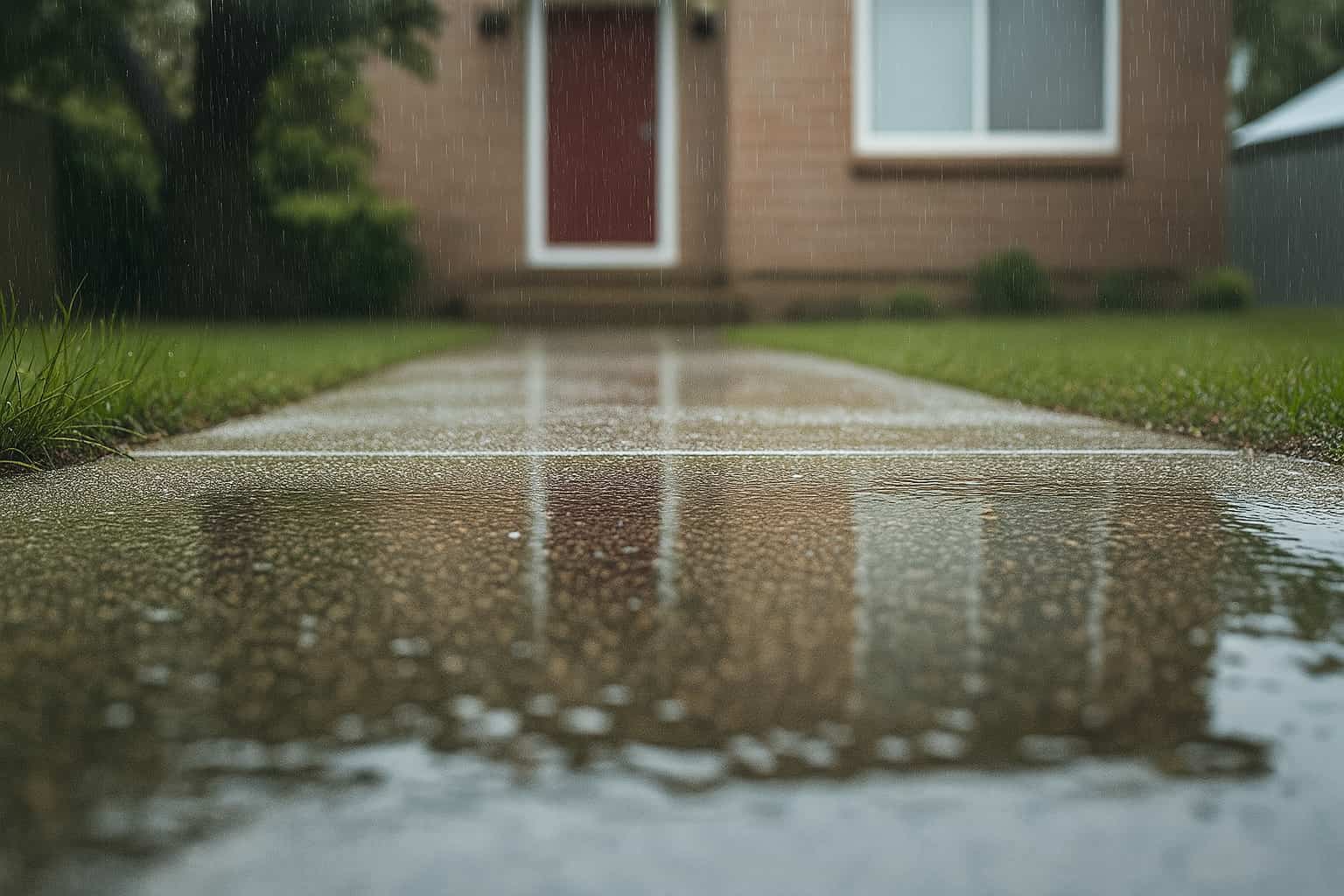 Raining on concrete footpath demonstrating how to maintain exposed aggregate concrete in winter
