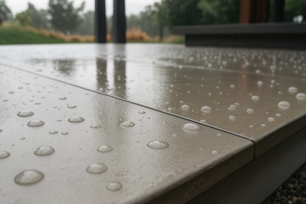 Concrete protected from winter weather with water droplets on it