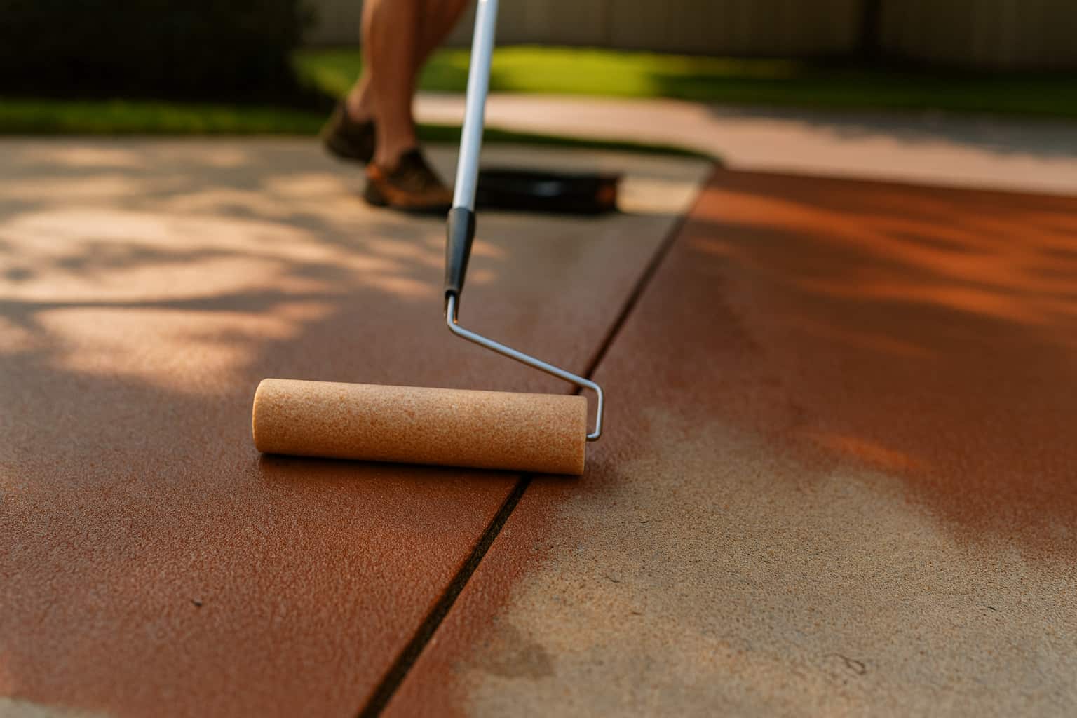 Paint roller being used on driveway to paint it read showing how to paint a driveway