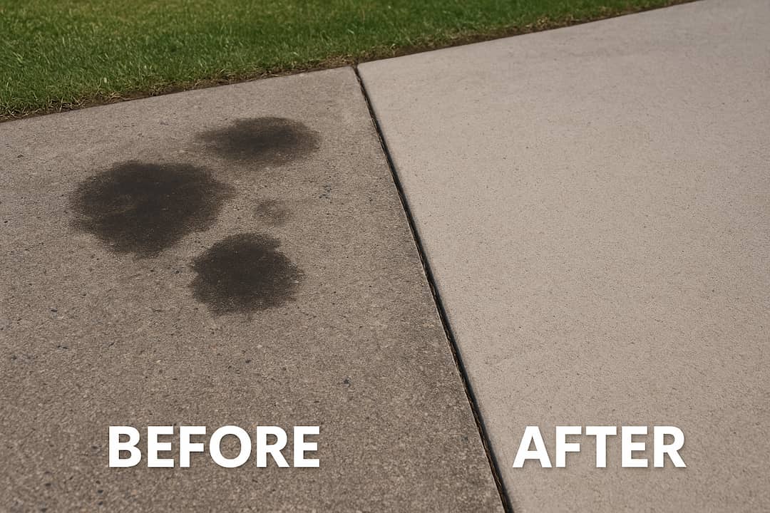 Before and after comparison of a concrete driveway showing oil stains on the left and a clean, stain-free surface on the right.
