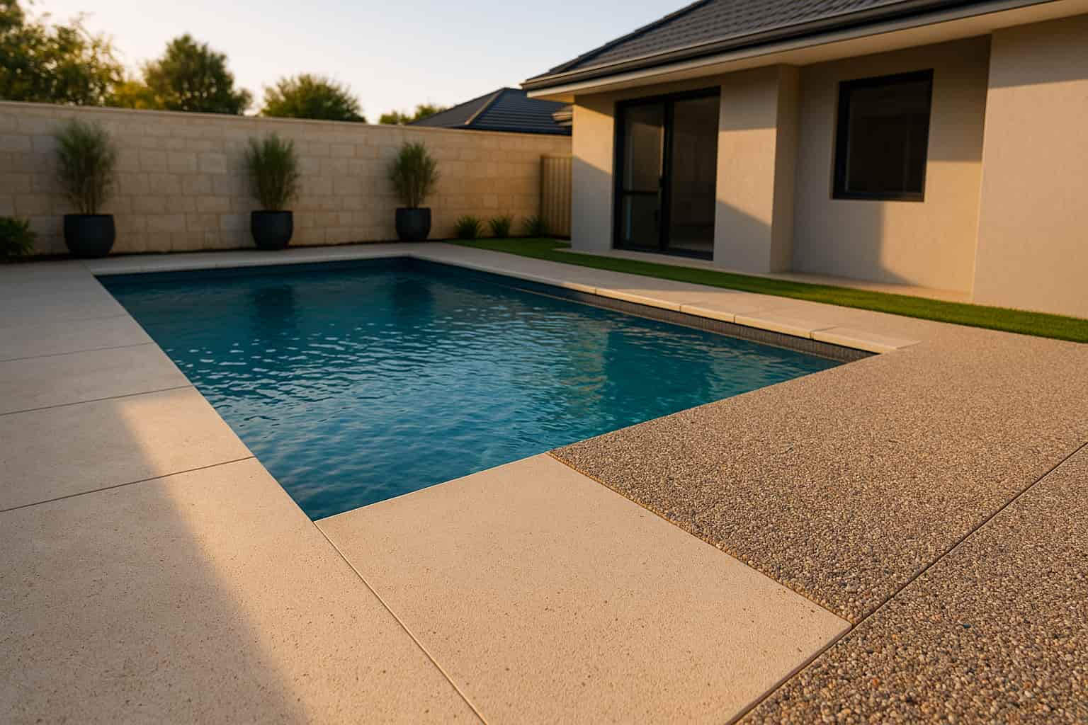 A side by side comparison of liquid limestone and exposed aggregate concrete being used as pool surrounds