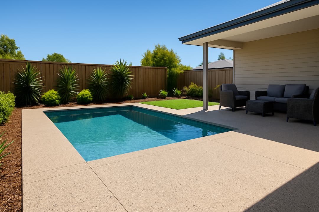 A modern Perth backyard with a swimming pool surrounded by clean, well maintained exposed aggregate concrete in bright summer sunlight, with minimal outdoor furniture and landscaped garden beds.