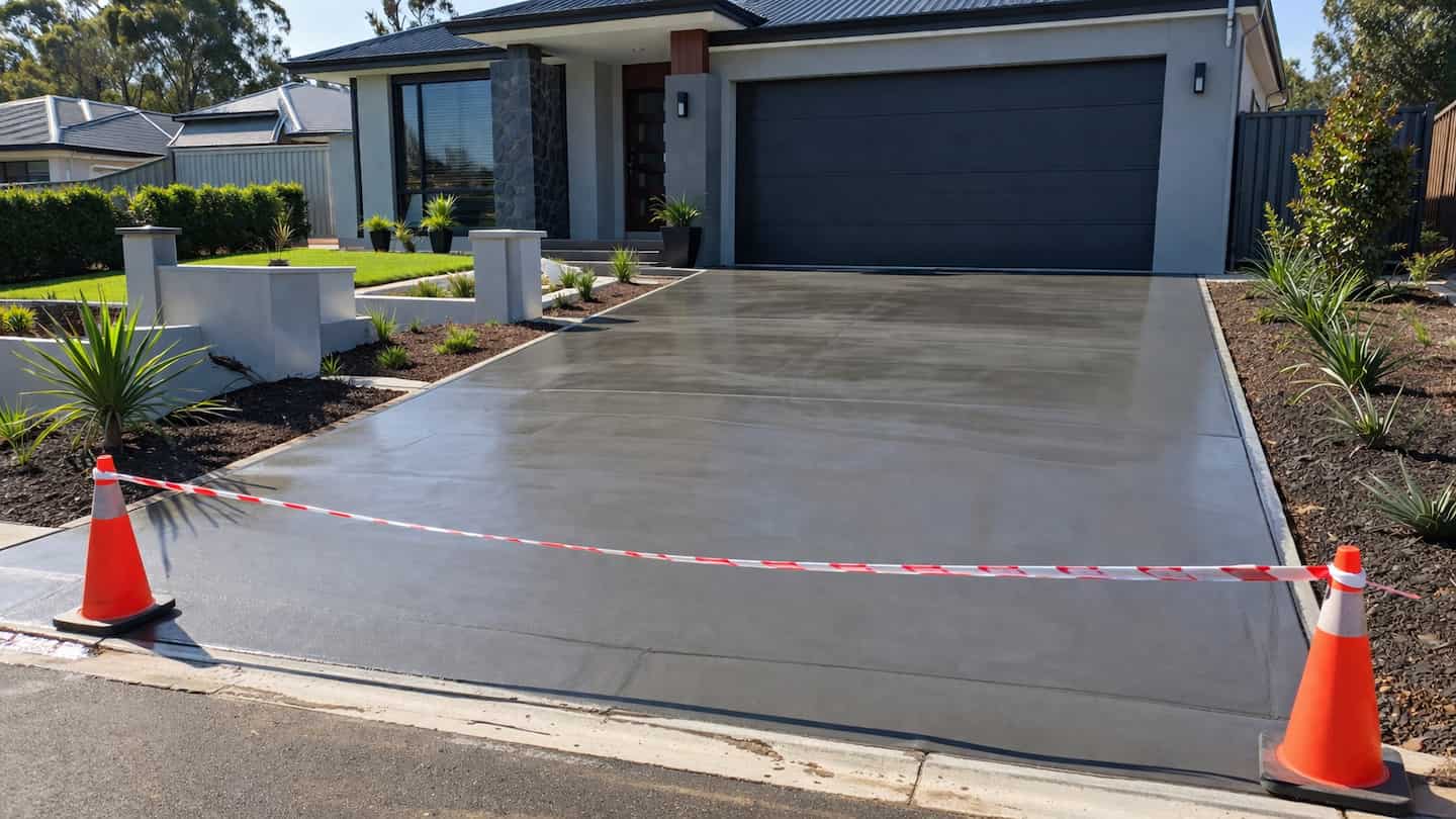 Freshly poured concrete driveway curing in Perth with safety cones, showing how long before you can drive on new concrete